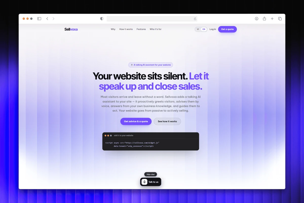 Giao diện trợ lý giọng nói Sell Voxa nhúng vào website